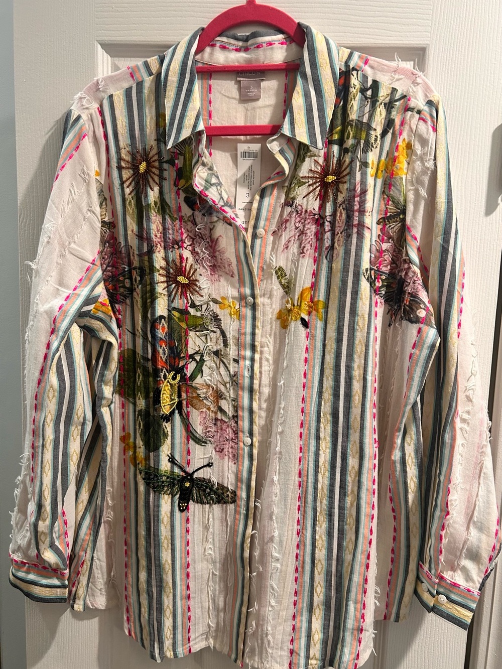 Chico's Multicolor Embroidered Stripe Button-Up Shirt